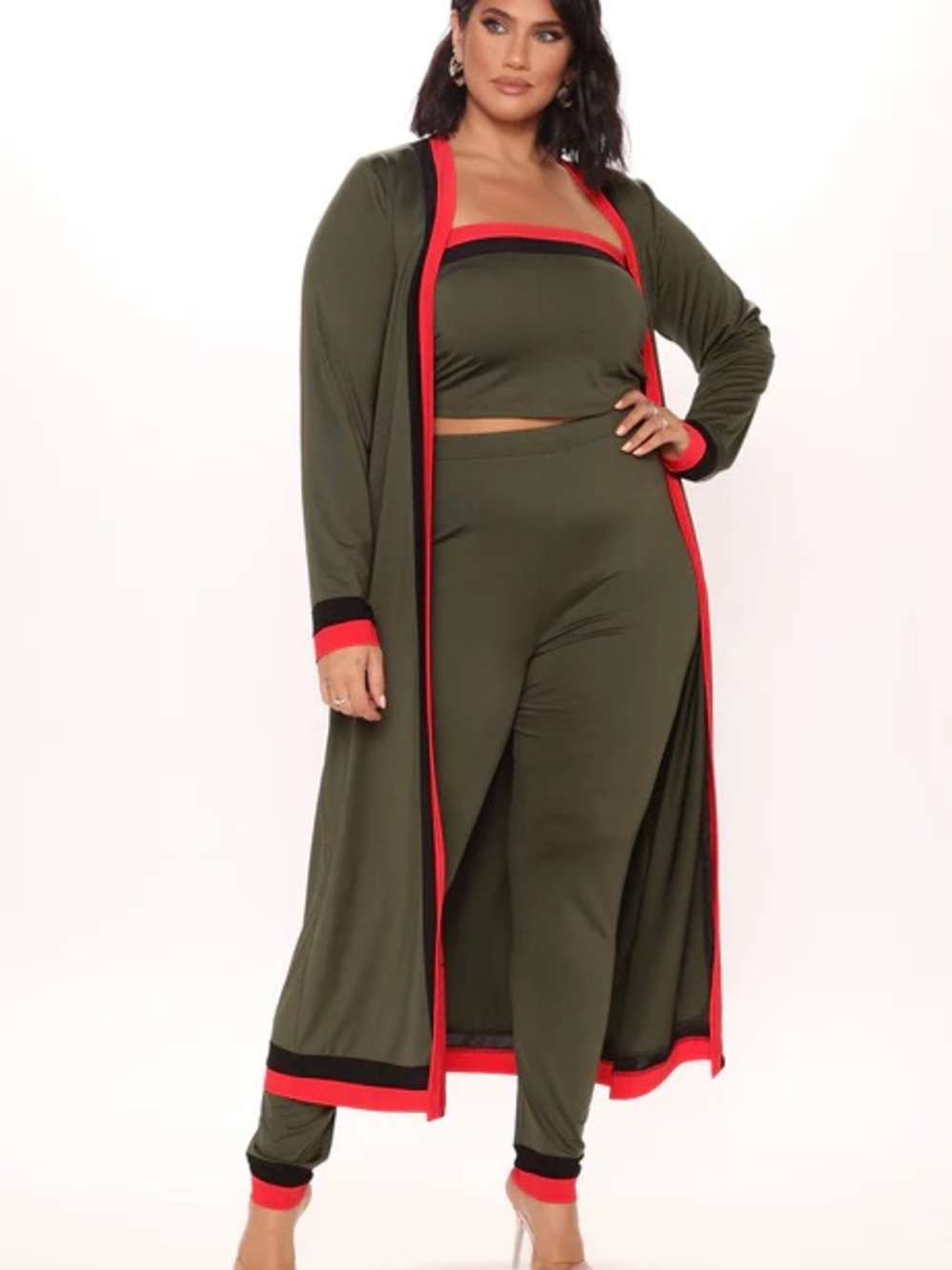 My way 3 pc Olive Green  Lounge Jumpsuit Set with Red Trim - Picture 2 of 4